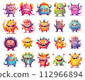 Colorful collection of funny cartoon monsters stickers for printing 112966894
