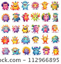 Printable monsters stickers. Cute cartoon creatures, colorful collection 112966895
