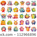 Stickers collection of colorful funny cartoon monsters. Friendly fantasy creatures 112966896