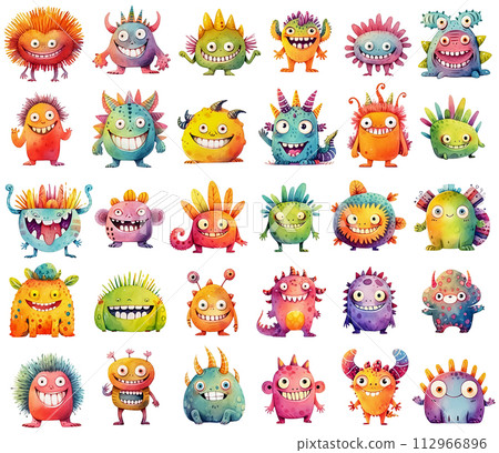 Stickers collection of colorful funny cartoon monsters. Friendly fantasy creatures 112966896