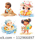 Cartoon happy kids activities during the summer season. Watercolor illustrations, children clipart 112966897
