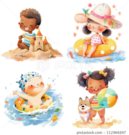 Cartoon happy kids activities during the summer season. Watercolor illustrations, children clipart 112966897