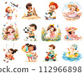 Set of cartoon watercolor illustrations of children's summer activities. Happy kids clipart 112966898