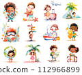 Collection of watercolor cartoon kids vacation, summer activities, children traveling clipart 112966899