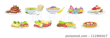 Different Meal and Food Served on Plate Vector Set 112966927