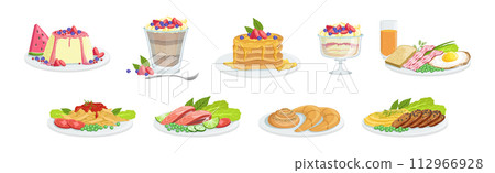 Different Meal and Food Served on Plate Vector Set 112966928