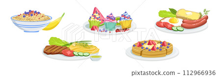 Different Meal and Food Served on Plate Vector Set 112966936