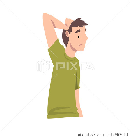 Young Man Standing with Thoughtful Look and Holding Hand on His Head Vector Illustration Young Man Standing with Thoughtful Look and Holding Hand on His Head Vector Illustration 112967013