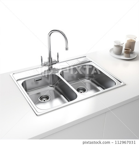 A kitchen sink sits on a countertop next to a wall 112967031