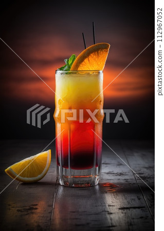 Tequila Sunrise cocktail. Alcohol drink is decorated with slice of orange. 112967052