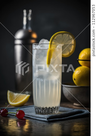 Tom Collins cocktail at dark background. 112967053