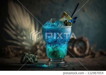 Closeup glass of blue lagoon cocktail at festive bar counter background. 112967054
