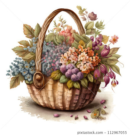 Watercolor colorful flowers in the basket. Floral composition on white background. Cute wildflowers. Generative Ai 112967055