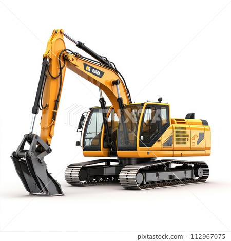 Yellow excavator with black bucket on white background 112967075