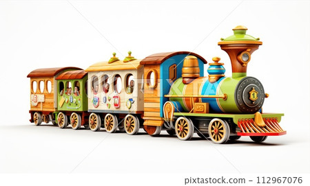 Colorful toy train on white background, miniature rolling stock 112967076