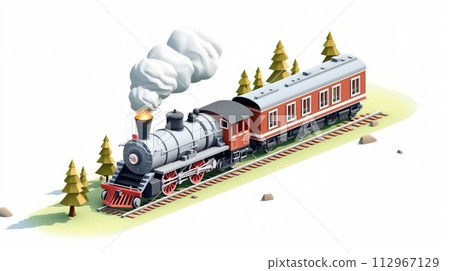 A old train on tracks, rolling on a white background 112967129