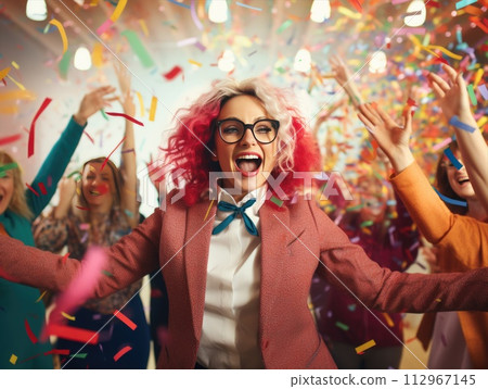a woman is dancing at a party with her arms in the air 112967145