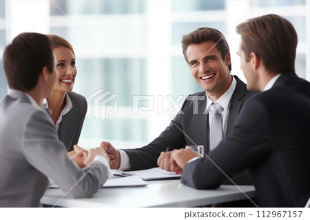 A group of business people are sitting around a table having a meeting A group of business people are sitting around a table having a meeting 112967157