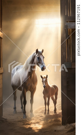 A horse and a foal in a barn, surrounded by darkness and shadows 112967191