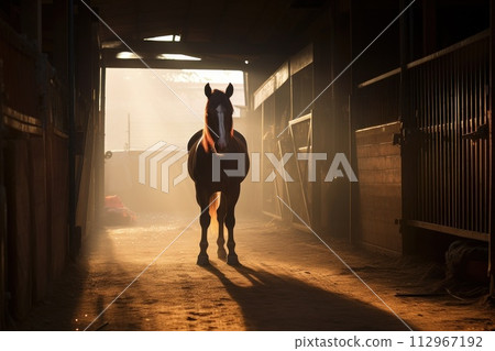 A horse with a thick brown mane stands in the stable doorway 112967192