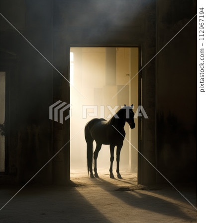 Horse with mane standing in dark barn doorway, a working animal 112967194