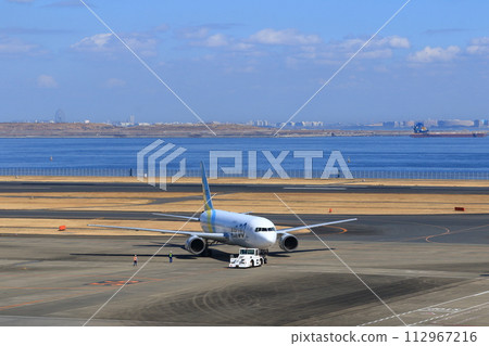 Passenger plane being pushed back Departing flight 112967216