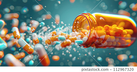 Abstract background of the pills spilling from the bottle. Medicines and healthcare concept. Abstract background of the pills spilling from the bottle. Medicines and healthcare concept. 112967320