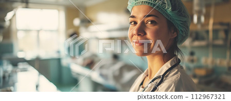 Happy doctor in lab coat in the hospital. Health care and assistance concept. Happy doctor in lab coat in the hospital. Health care and assistance concept. 112967321