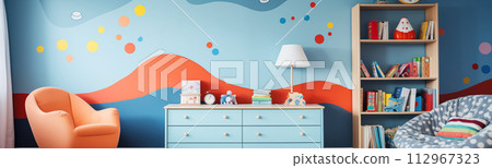 Abstract background of the colourful child room with wavy pattern on the wall. 112967323