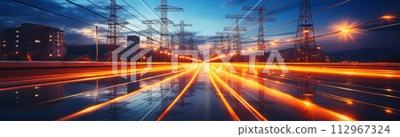 Panoramic conceptual view of electricity flowing through wires in cities. Electrical supply concept. 112967324