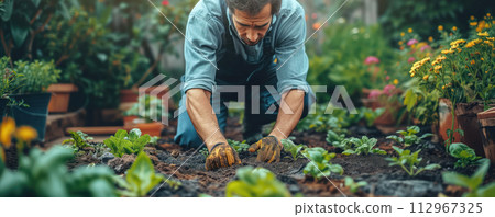 Man planting flower and vegetable seedlings in freshly dug soil. Gardening concept. 112967325