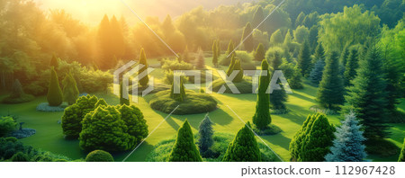 Arial view on the beautiful coniferous garden with blue spruces, fir trees, thujas and junipers. 112967428