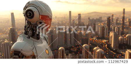 Robot standing and looking on the cityscape. Futuristic, technology and ai development concept. 112967429