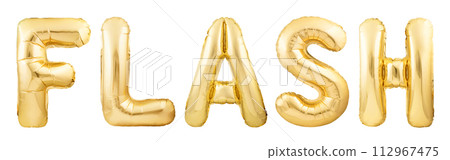 Word flash made of golden inflatable balloon isolated on white background Word flash made of golden inflatable balloon isolated on white background 112967475