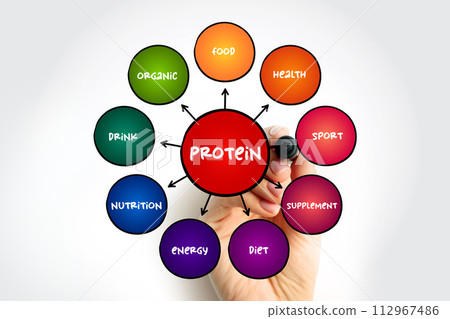 Protein are large biomolecule and macromolecule that comprise one or more long chains of amino acid residues, mind map concept background 112967486