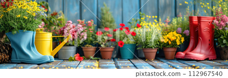 Beautiful background of the pots with seedling of flowers and rubber boots near them. Gardening concept. 112967540
