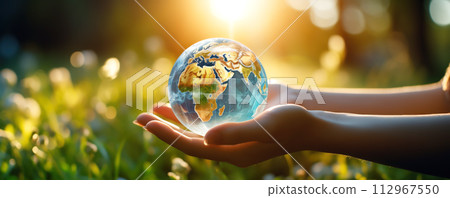 Human hands holding planet Earth on the natural background. Protection of the environment concept. 112967550