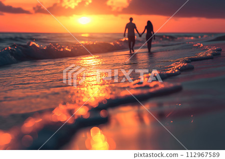 Photo 2 of a man and woman walking on the sea sparkling at sunset 112967589