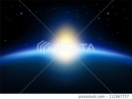 Rising Sun On Earth On Blue Glowing Background, Vector Illustration Rising Sun On Earth On Blue Glowing Background, Vector Illustration 112967757