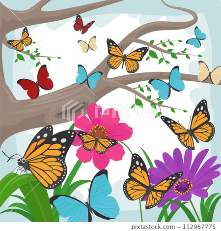 Flying Butterfly With Flowers And Tree Background, Vector Illustration 112967775