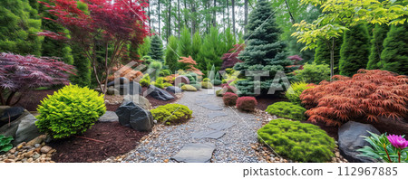 Beautiful coniferous garden with blue spruces, fir trees, thujas and junipers. Colourful background. 112967885