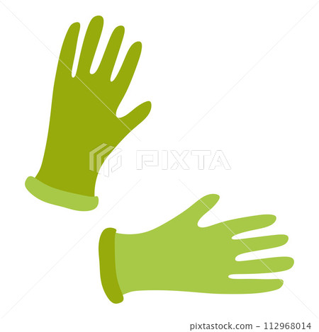Rubber Cleaning or Gardening Protective Gloves. Flat Vector illustration Isolated on White. Latex Glove for Housework, Household, Medical concept. Cartoon Design object, Green Color Pair. 112968014