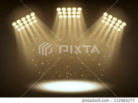 Bright Stadium Spotlights On Dark Background, Vector Illustration Bright Stadium Spotlights On Dark Background, Vector Illustration 112968273