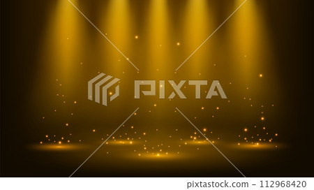Gold Spotlights Shining With Sparkles 16:9 Aspect Ratio In Clipping Mask, Vector Illustration 112968420