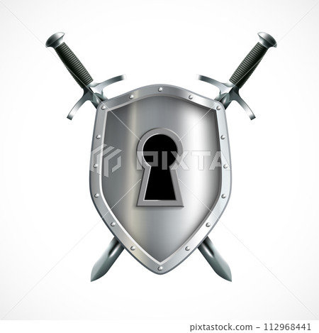 Metal shield with a keyhole and swords Metal shield with a keyhole and swords 112968441