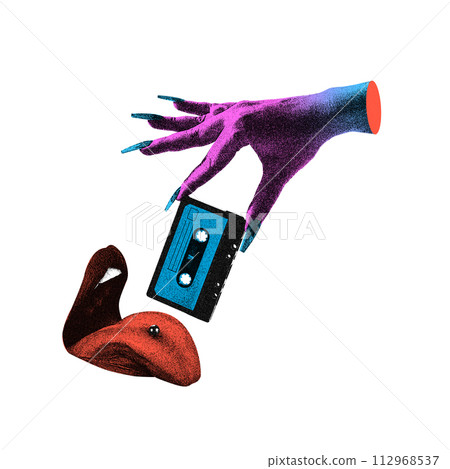 Close-up of hand with long, purple nails holding blue cassette tape over female mouth. Dj party. Contemporary art collage. Close-up of hand with long, purple nails holding blue cassette tape over female mouth. Dj party. Contemporary art collage. 112968537
