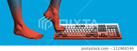 Female bare foot stepping on retro computer keyboard against blue background. Contemporary art collage. Journalism metaphor. 112968546