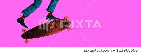 Creative design with male legs in retro suit and footwear on skateboarder on bright pink background. Contemporary art collage. 112968560