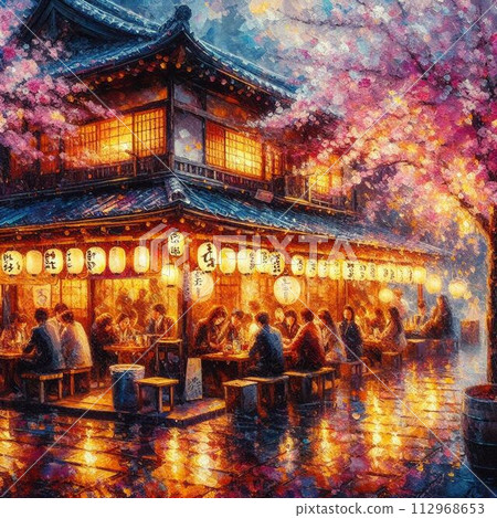 Showa bar at night with dancing cherry blossoms Showa bar at night with dancing cherry blossoms 112968653