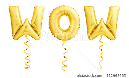 WOW sign made of golden inflatable balloons with ribbons on white background. 112968665